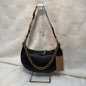 Black Leather Shoulder Bag with Gold Chain
